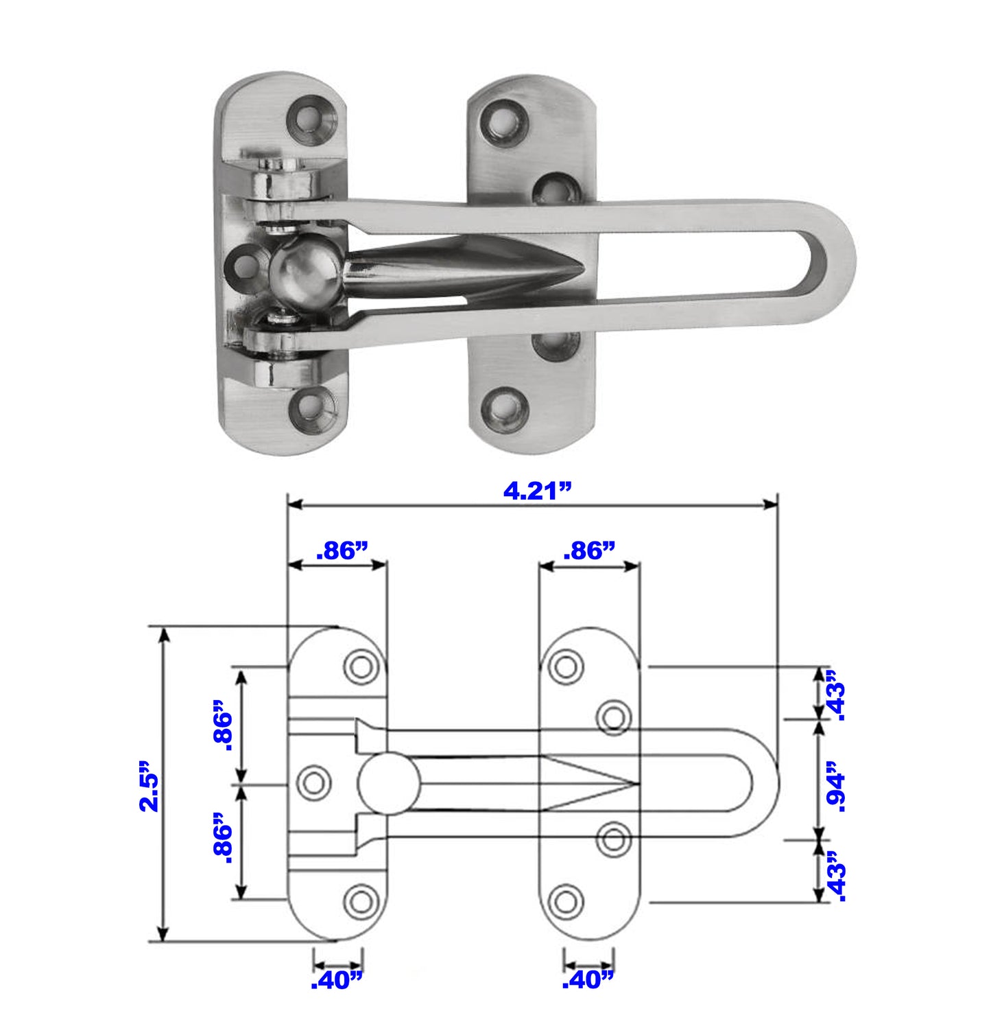 Satin Nickel - Hinged Bar Lock for Swing-in Doors, Door Latch Lock Chain – Secondary Security Lock for Door and Security