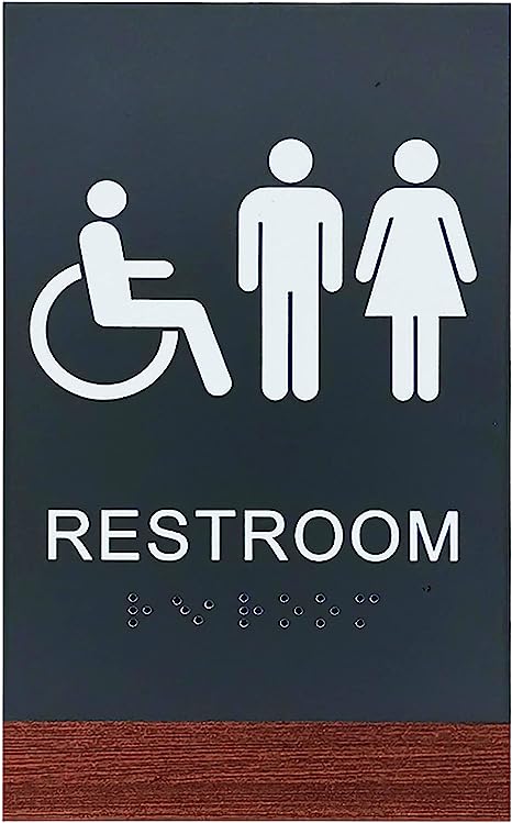 Restroom Toilet Sign - Plastic Black & Wood Accent with Braille
