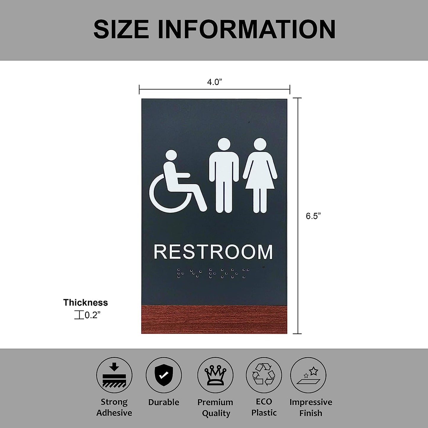 Restroom Toilet Sign - Plastic Black & Wood Accent with Braille